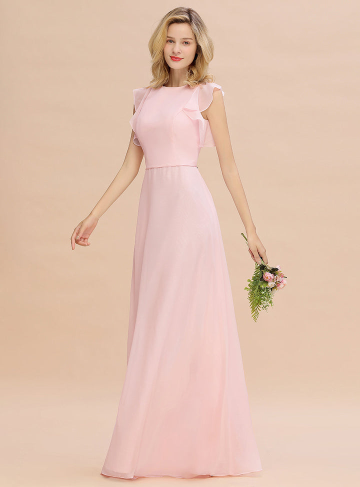 A-line Jewel Draped Chiffon Floor-Length Dress Blushing Pink-koscy