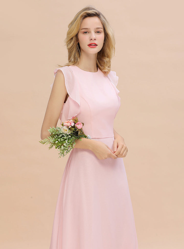 A-line Jewel Draped Chiffon Floor-Length Dress Blushing Pink-koscy