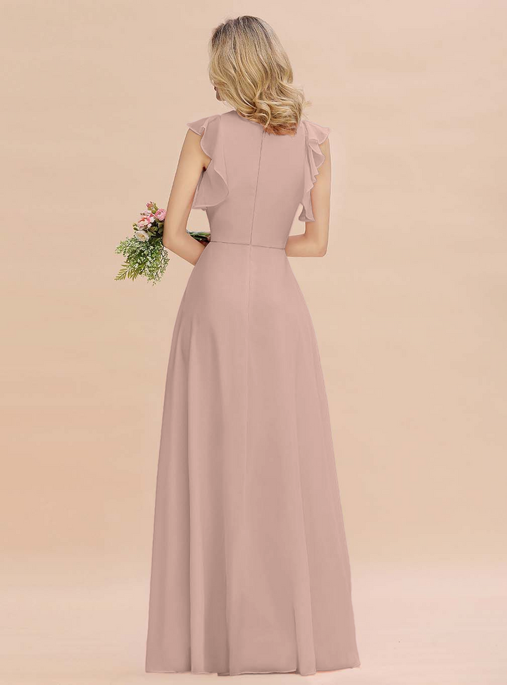 A-line Jewel Draped Chiffon Floor-Length Dress Blushing Pink-koscy