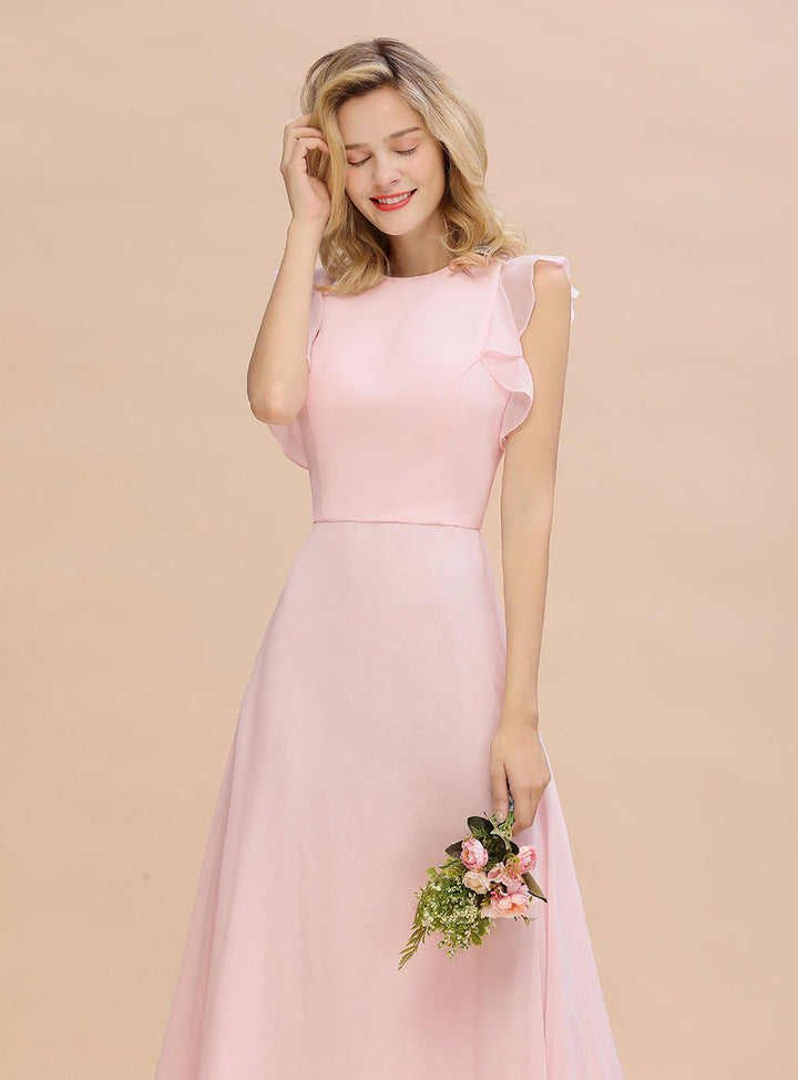 A-line Jewel Draped Chiffon Floor-Length Dress Blushing Pink-koscy