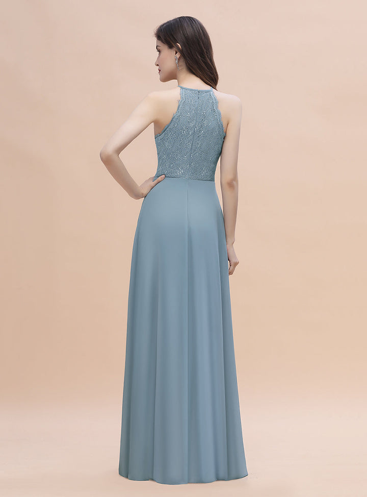 A-Line Jewel Lace Appliques Chiffon Floor-Length Dress-koscy