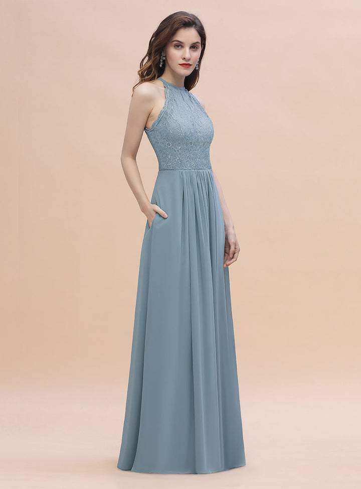 A-Line Jewel Lace Appliques Chiffon Floor-Length Dress-koscy