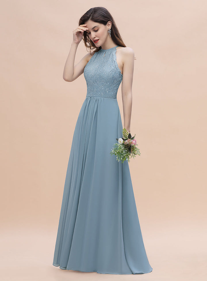 A-Line Jewel Lace Appliques Chiffon Floor-Length Dress-koscy