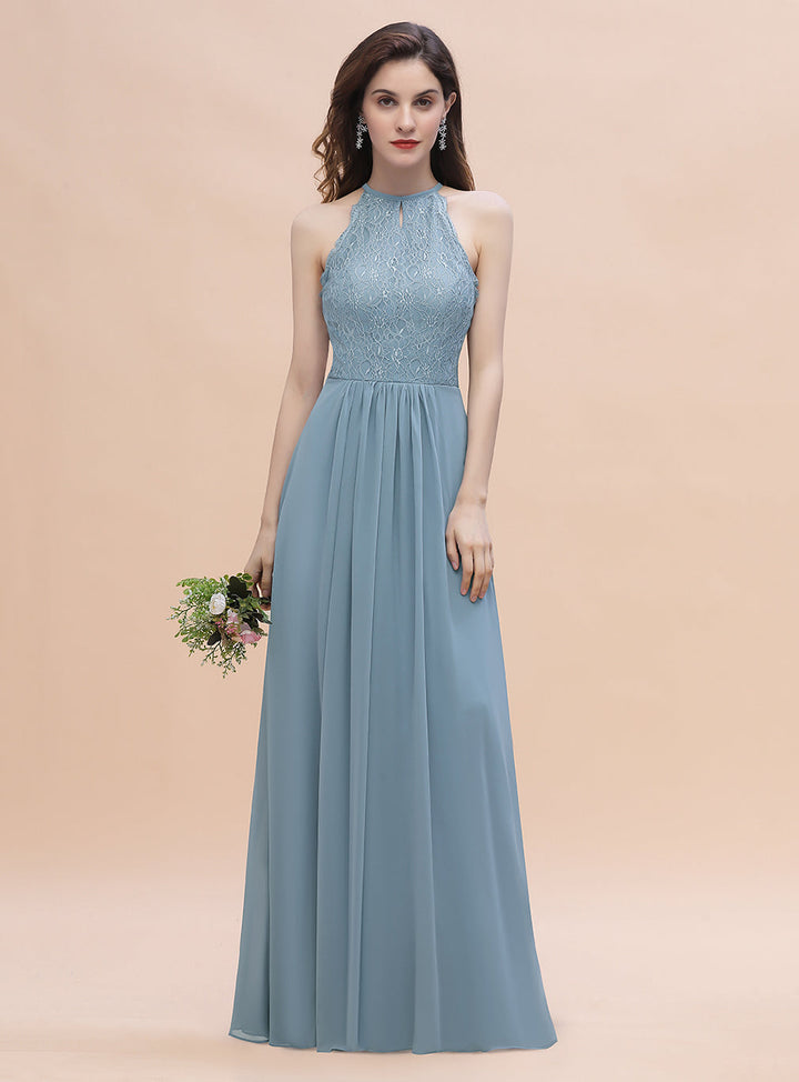 A-Line Jewel Lace Appliques Chiffon Floor-Length Dress-koscy