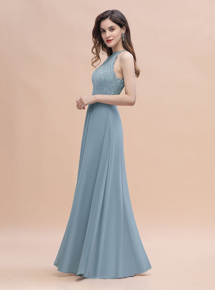 A-Line Jewel Lace Appliques Chiffon Floor-Length Dress-koscy