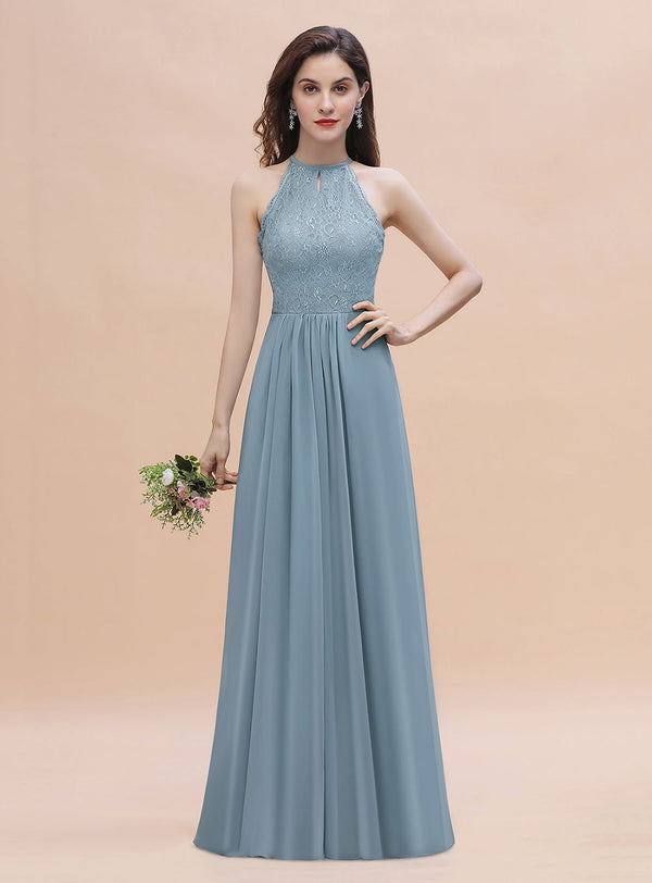 A-Line Jewel Lace Appliques Chiffon Floor-Length Dress-koscy