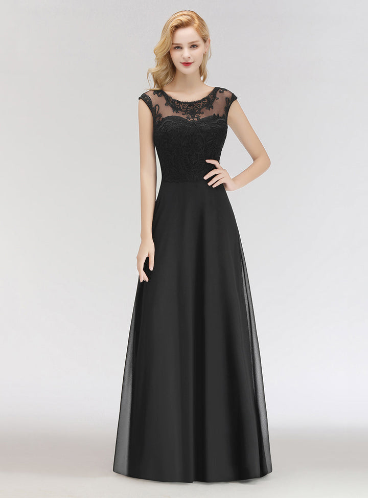 A-line Jewel Lace Chiffon Floor-Length Dress