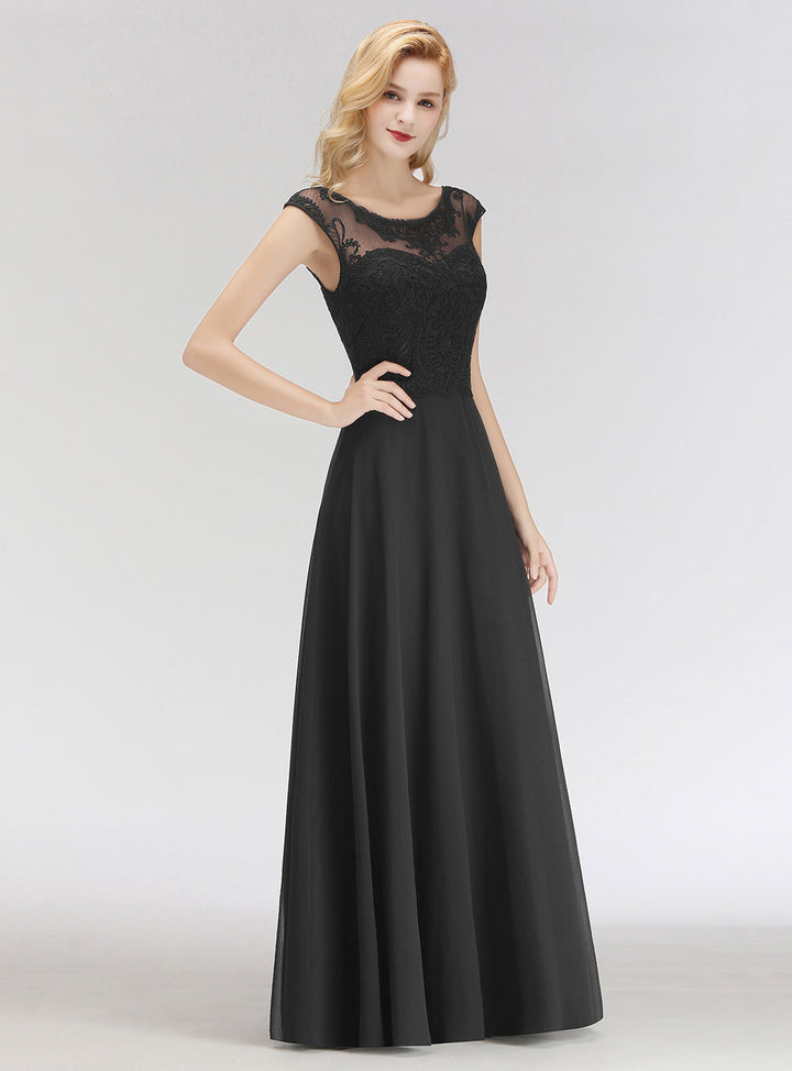 A-line Jewel Lace Chiffon Floor-Length Dress