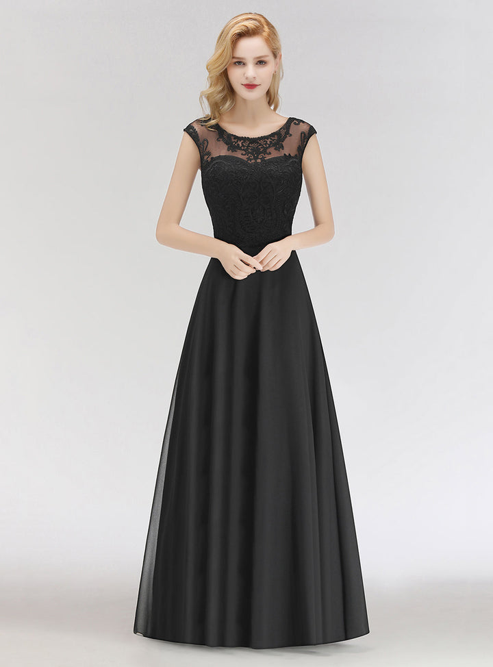 A-line Jewel Lace Chiffon Floor-Length Dress