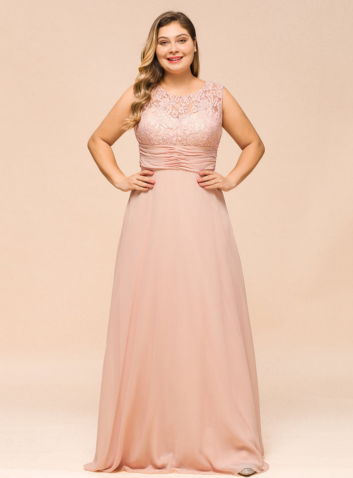 A-line Jewel Lace Chiffon Floor-Length Dress Dusty Pink-koscy