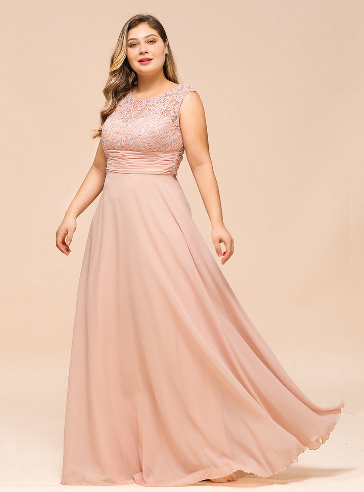 A-line Jewel Lace Chiffon Floor-Length Dress Dusty Pink-koscy