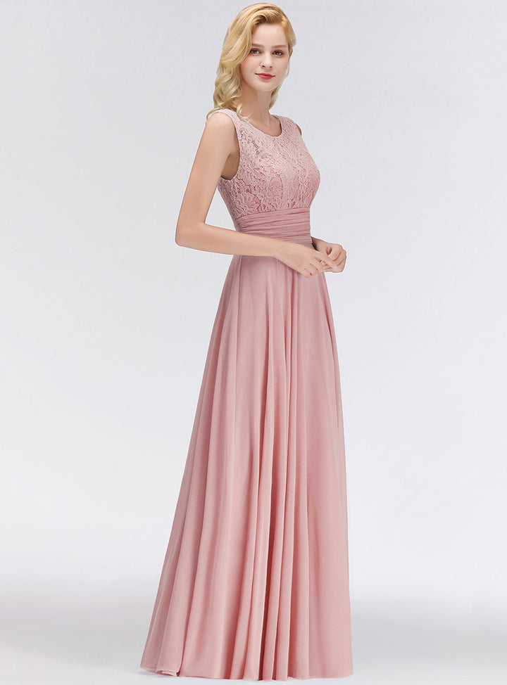 A-line Jewel Lace Chiffon Floor-Length Dress Dusty Pink