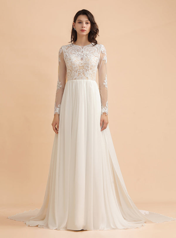 A-Line Jewel Long Sleeves Chiffon Lace Dress-koscy