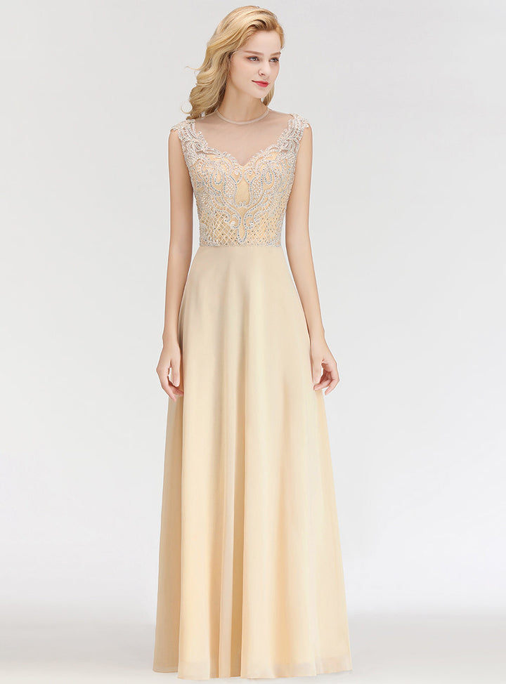 A-line Jewel Neck Lace Floor-Length Dress with Beadings-koscy