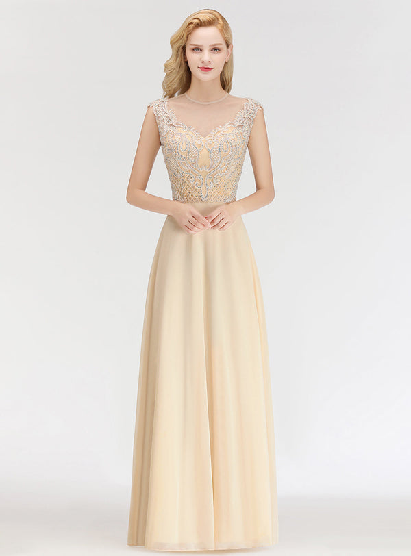 A-line Jewel Neck Lace Floor-Length Dress with Beadings-koscy