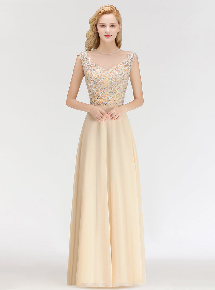 A-line Jewel Neck Lace Floor-Length Dress with Beadings-koscy