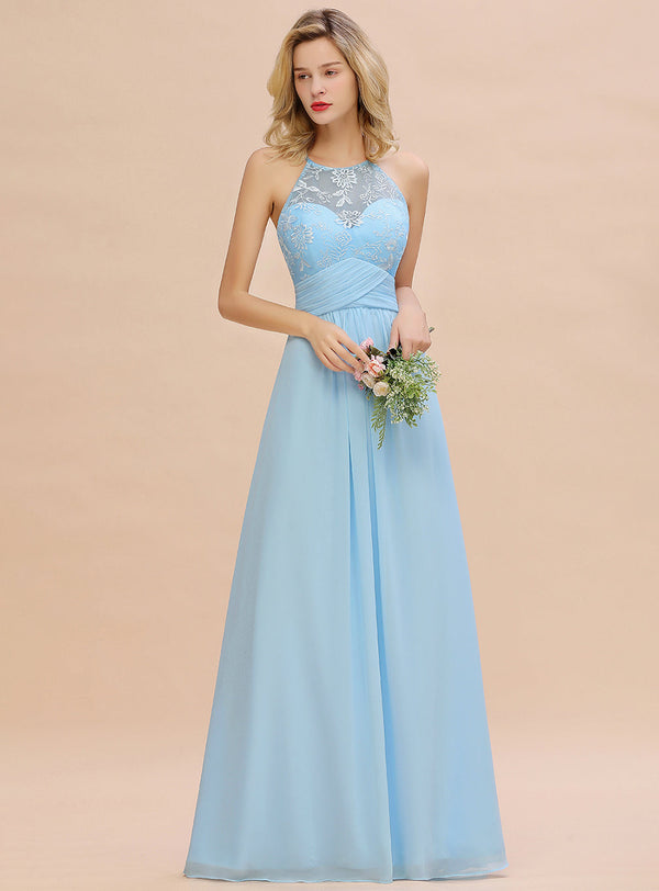 A-line Jewel Neck Lace Ruffle Chiffon Floor-Length Dress Sky Blue-koscy