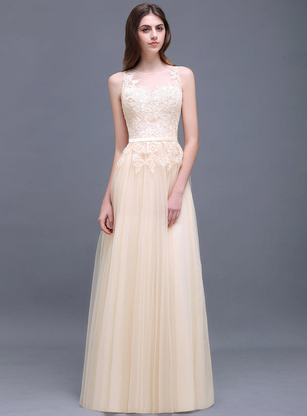 A-line Jewel Neck Tulle Lace Floor-Length Dress with Appliques-koscy