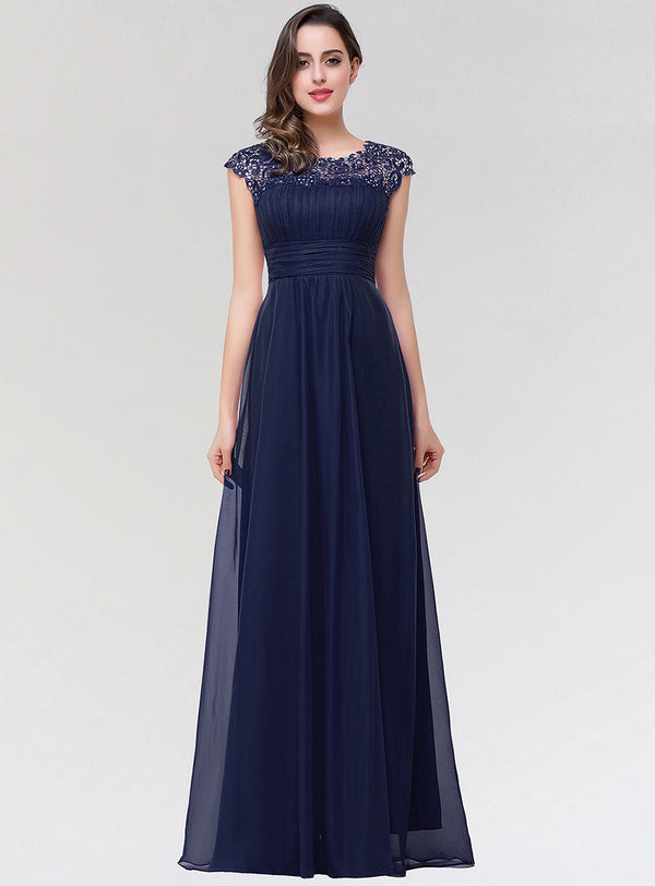 A-Line Jewel Pleated Chiffon Floor-Length Dress Dark Navy with Keyhole Back-koscy