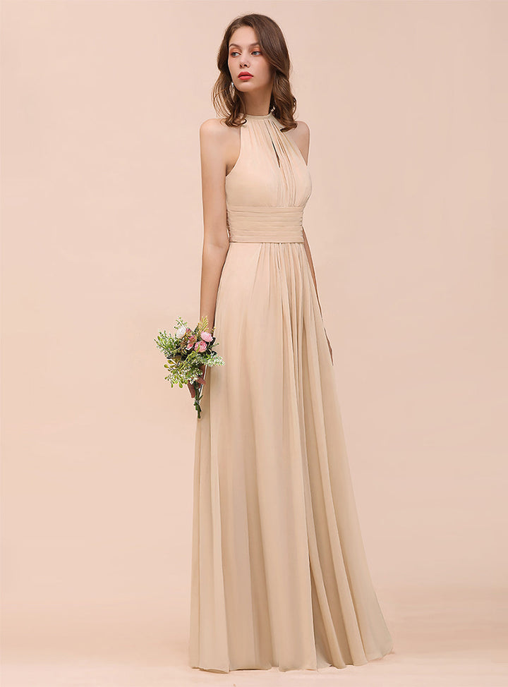 A-Line Jewel Ruffle Sleeveless Floor-Length Dress-koscy