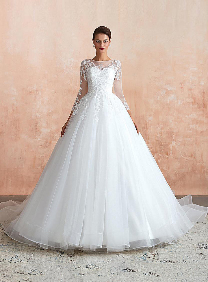 A-line Jewel Tulle Lace 3/4 Sleeves Chapel Train Dress-koscy