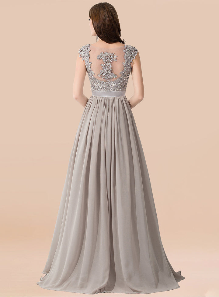 A-line Lace Appliques Chiffon Floor-Length Dress Silver-koscy