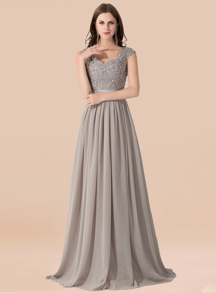 A-line Lace Appliques Chiffon Floor-Length Dress Silver-koscy