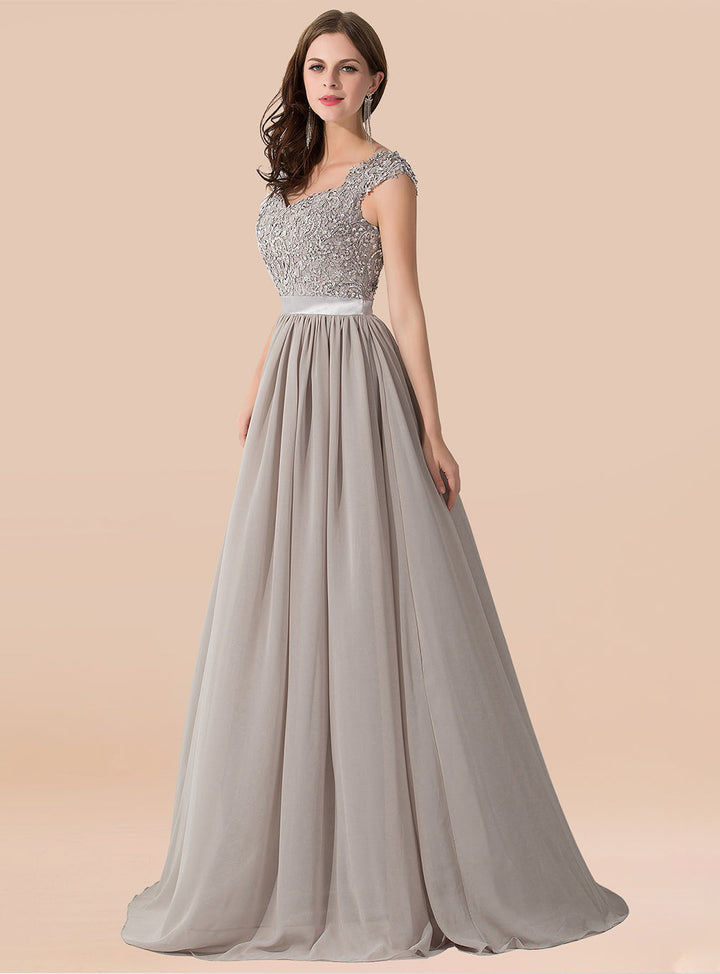 A-line Lace Appliques Chiffon Floor-Length Dress Silver-koscy