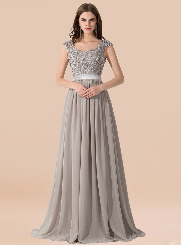 A-line Lace Appliques Chiffon Floor-Length Dress Silver-koscy