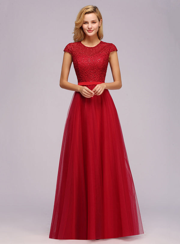 A-line Lace Cap-Sleeves Floor-Length Dresses-koscy