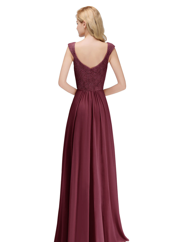 A-line Lace Chiffon Floor Length Dress Burgundy