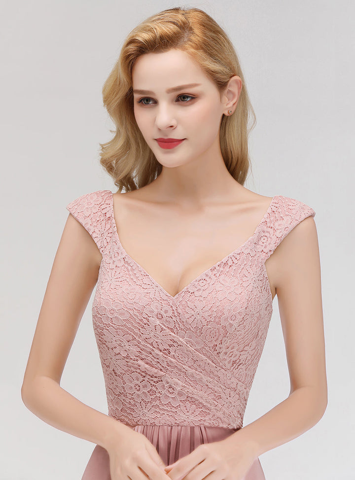 A-line Lace Chiffon Floor Length Dress Dusty Pink