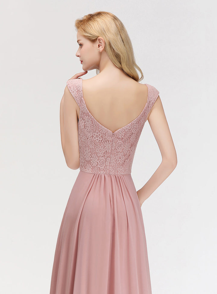 A-line Lace Chiffon Floor Length Dress Dusty Pink