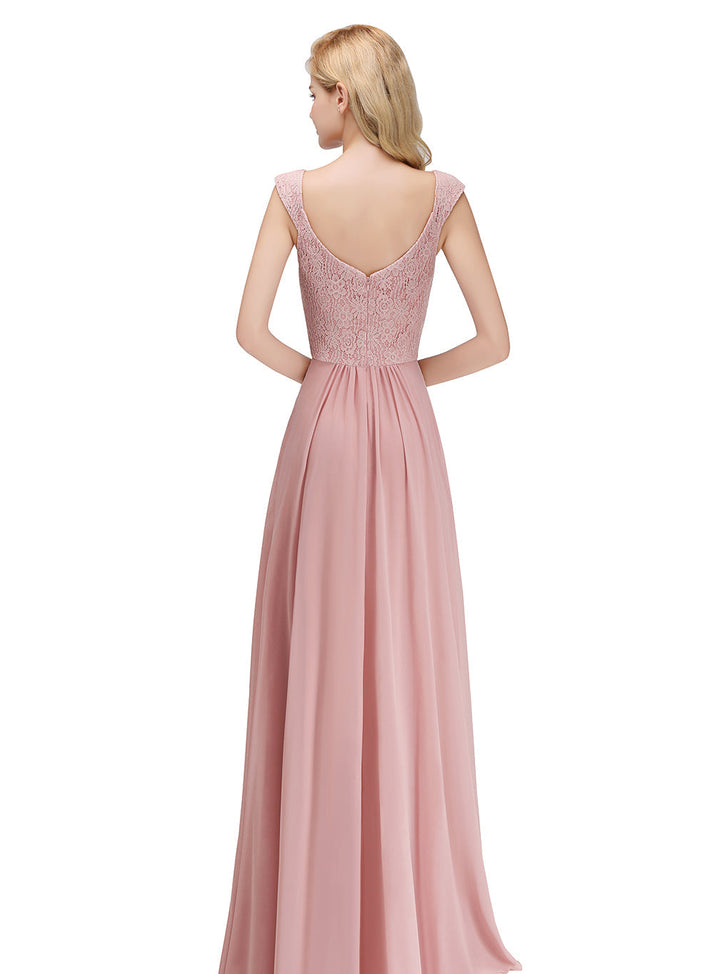 A-line Lace Chiffon Floor Length Dress Dusty Pink