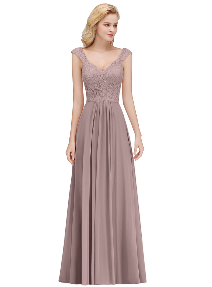 A-line Lace Chiffon Floor Length Dress Dusty Pink-koscy