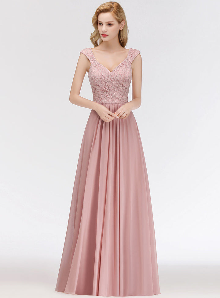 A-line Lace Chiffon Floor Length Dress Dusty Pink