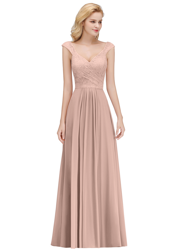 A-line Lace Chiffon Floor Length Dress Dusty Pink-koscy