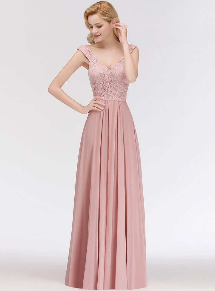 A-line Lace Chiffon Floor Length Dress Dusty Pink