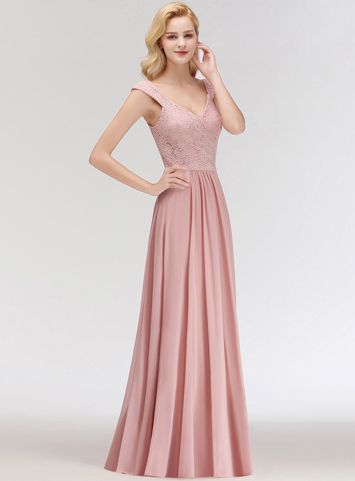 A-line Lace Chiffon Floor Length Dress Dusty Pink