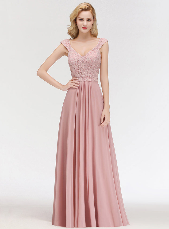 A-line Lace Chiffon Floor Length Dress Dusty Pink