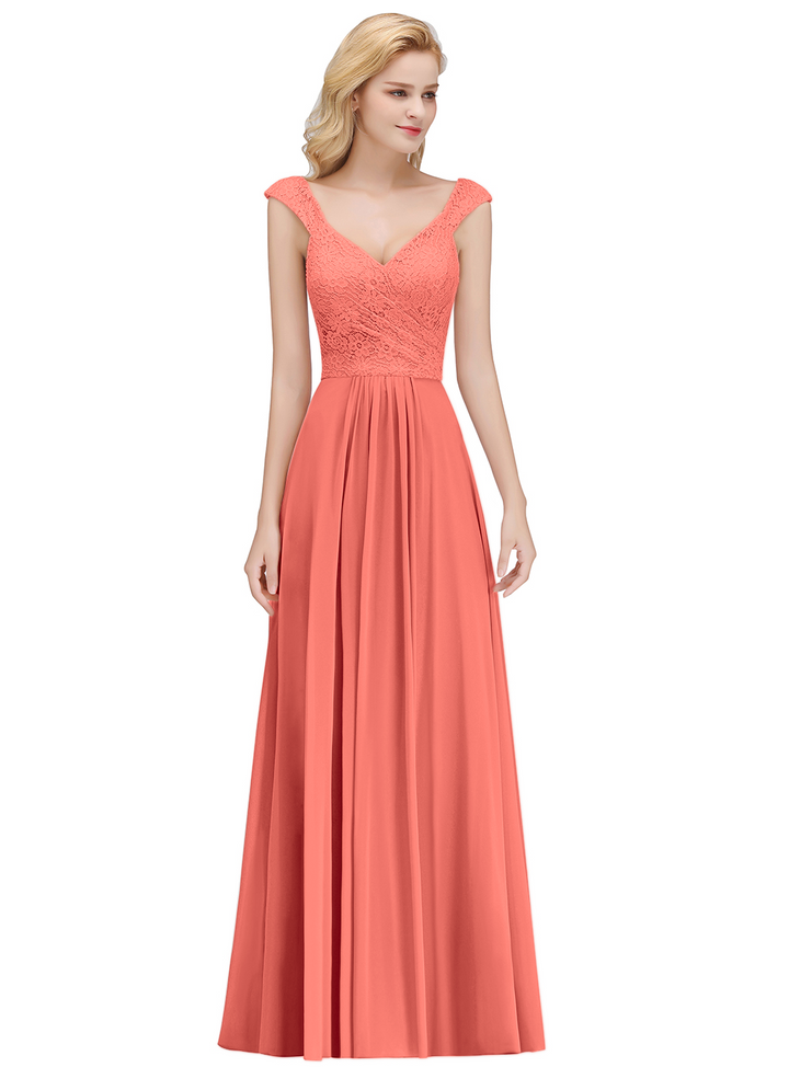 A-line Lace Chiffon Floor Length Dress Dusty Pink-koscy