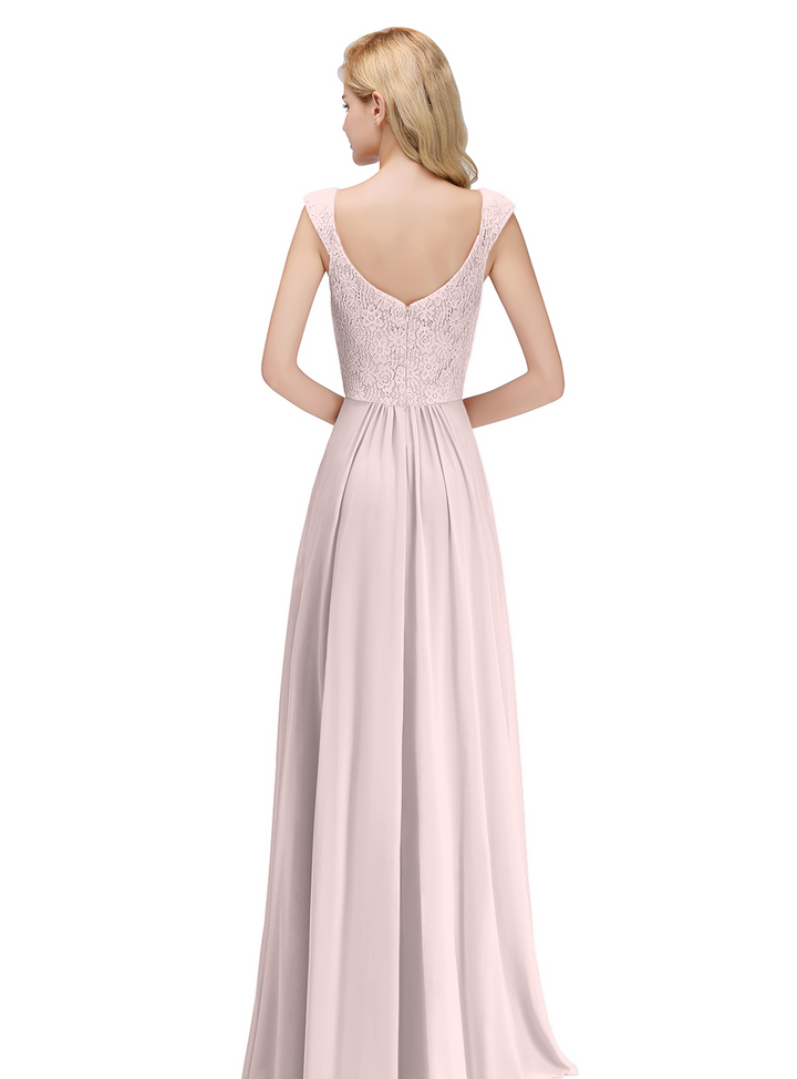 A-line Lace Chiffon Floor Length Dress Dusty Pink-koscy