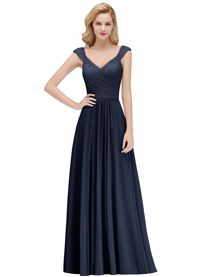 A-line Lace Chiffon Floor Length Dress Dark Navy