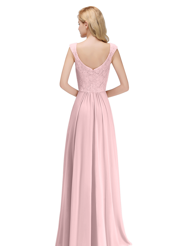 A-line Lace Chiffon Floor Length Dress Dusty Pink-koscy