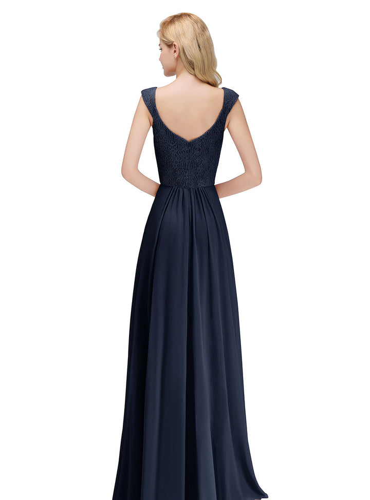 A-line Lace Chiffon Floor Length Dress Dark Navy