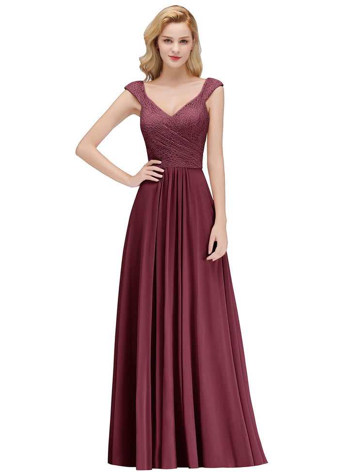 A-line Lace Chiffon Floor Length Dress Burgundy