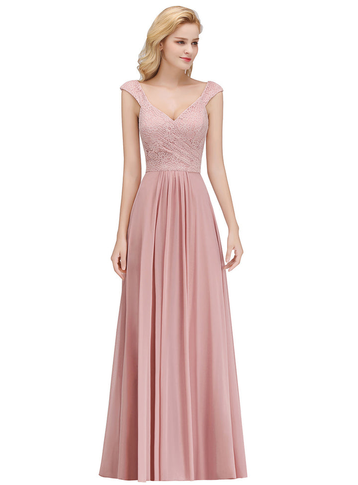 A-line Lace Chiffon Floor Length Dress Dusty Pink