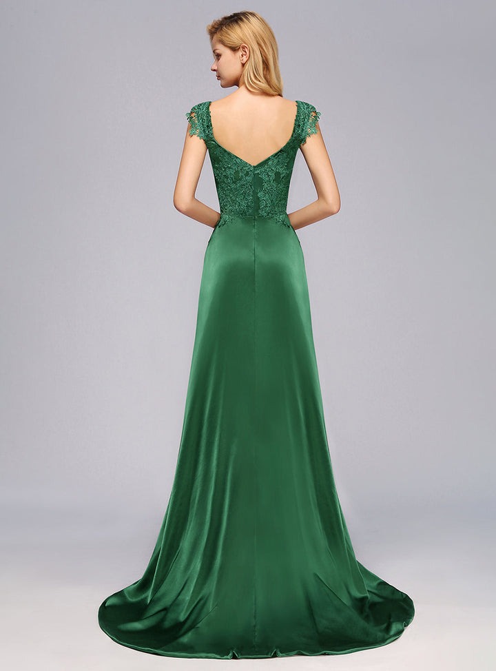 Koscy Elegant V-Neck Dark Green Lace Bridesmaid Dresses with Front-Slit