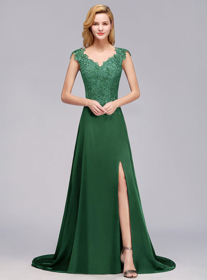 Koscy Elegant V-Neck Dark Green Lace Bridesmaid Dresses with Front-Slit