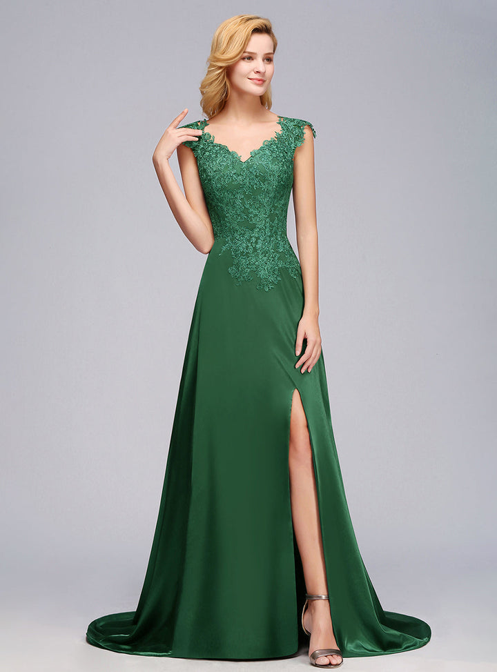 Koscy Elegant V-Neck Dark Green Lace Bridesmaid Dresses with Front-Slit